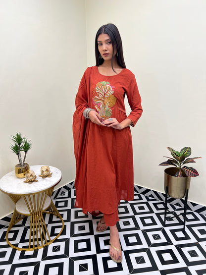 A Line Kurti with Pant and Dupatta- Rust