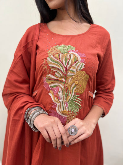 A Line Kurti with Pant and Dupatta- Rust