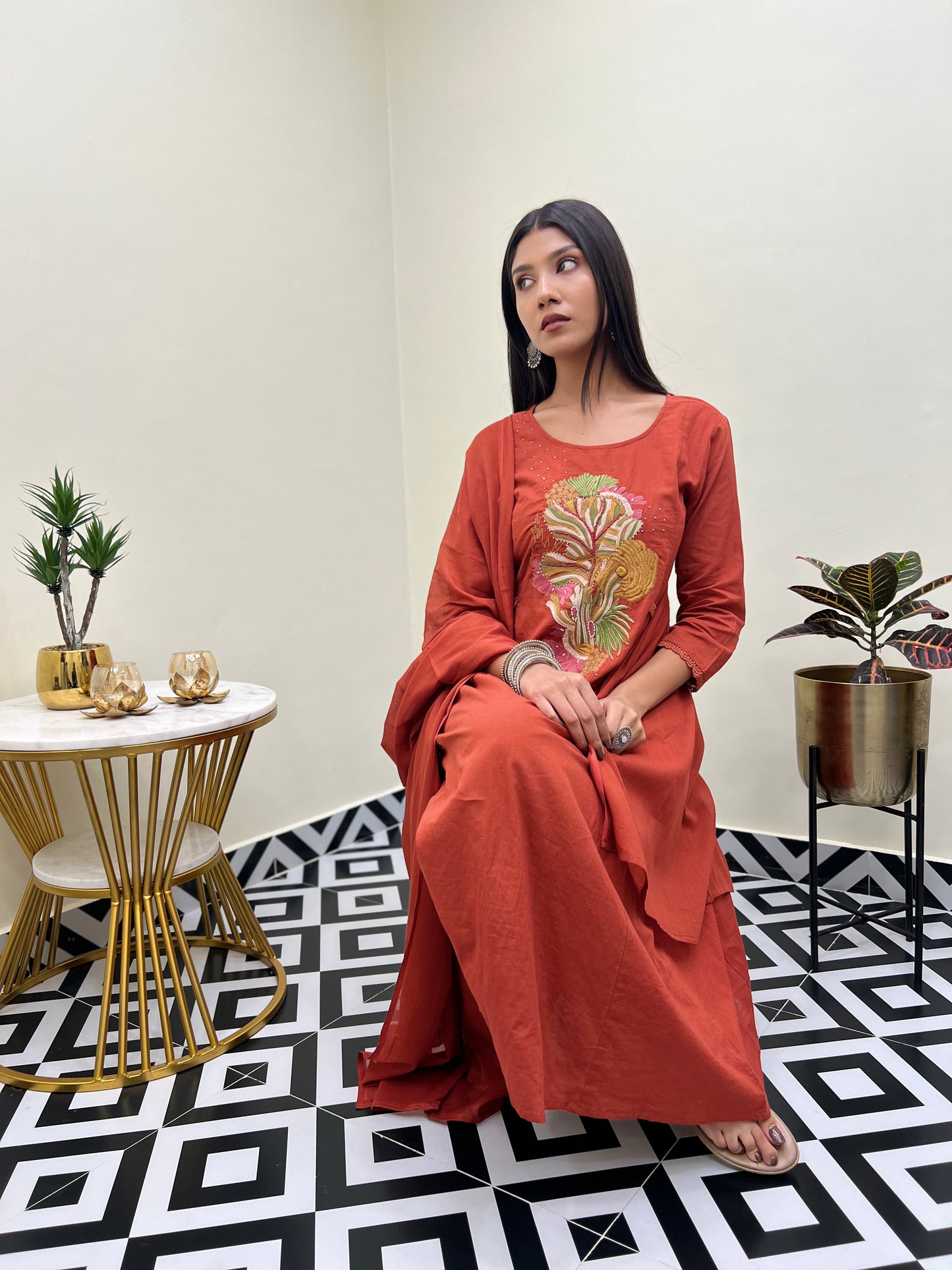 A Line Kurti with Pant and Dupatta- Rust