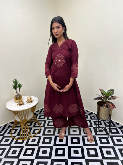 Sanganeri Grace Buta A Line Set - Maroon