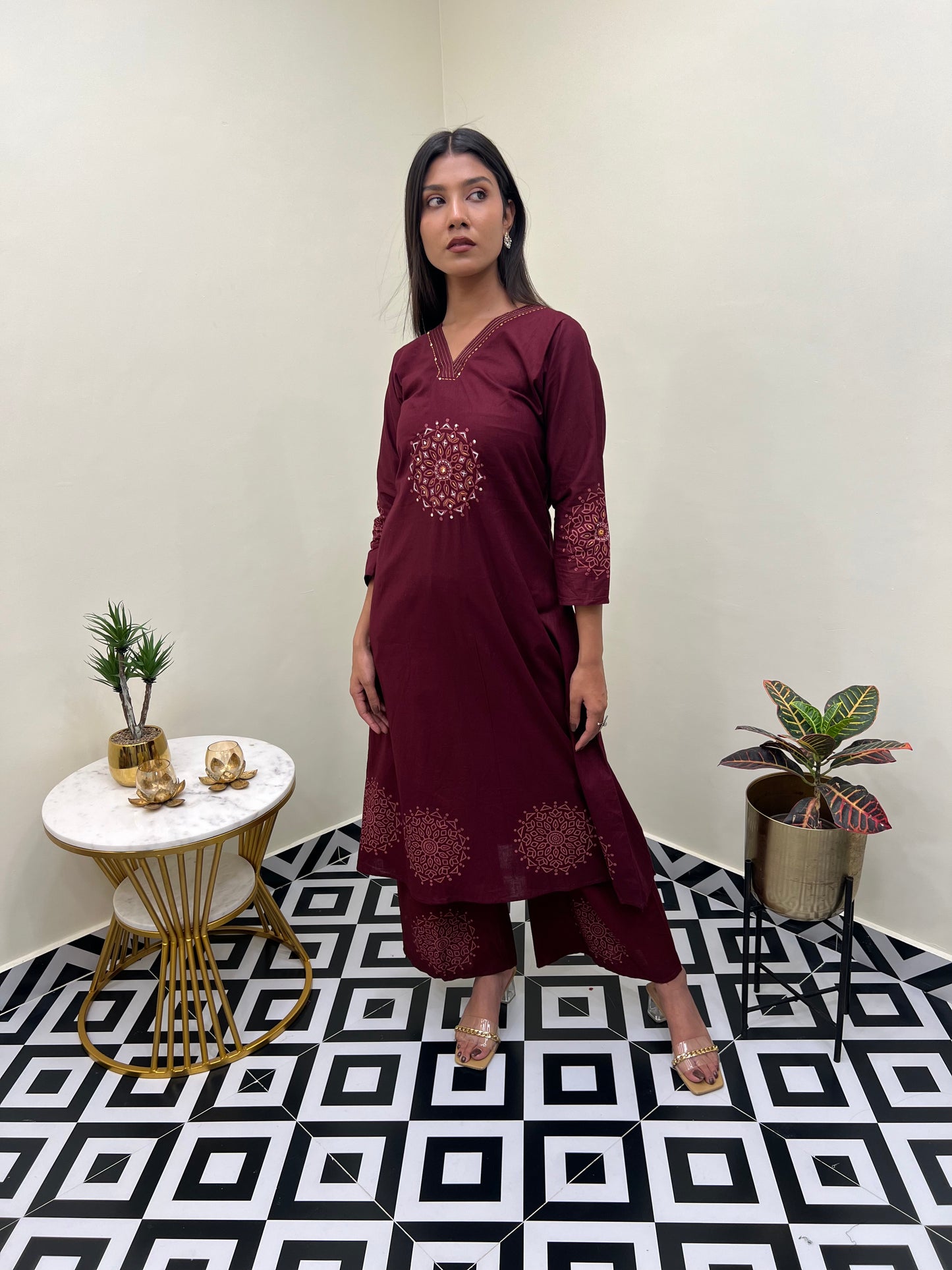 Sanganeri Grace Buta A Line Set - Maroon