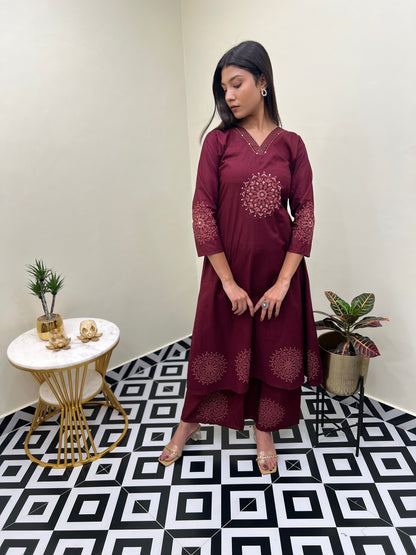 Sanganeri Grace Buta A Line Set - Maroon