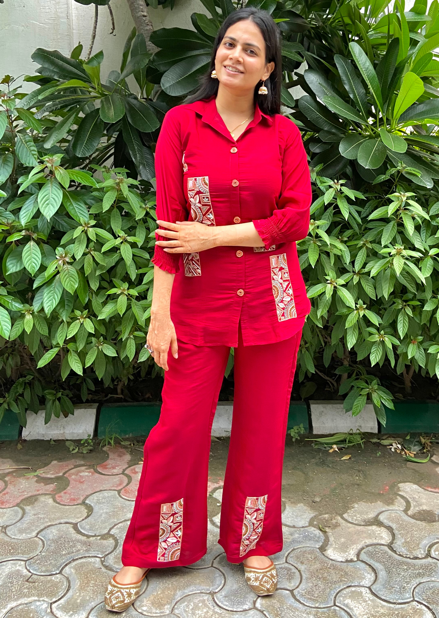 Bold and stylish fiery red co-ord set for women, perfect for a trendy and elegant look.