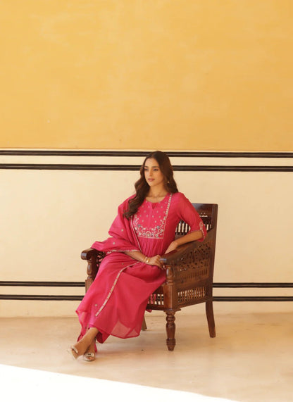Stylish and lightweight pure mul cotton kurta set in vibrant pink, designed with a flattering flared silhouette.
