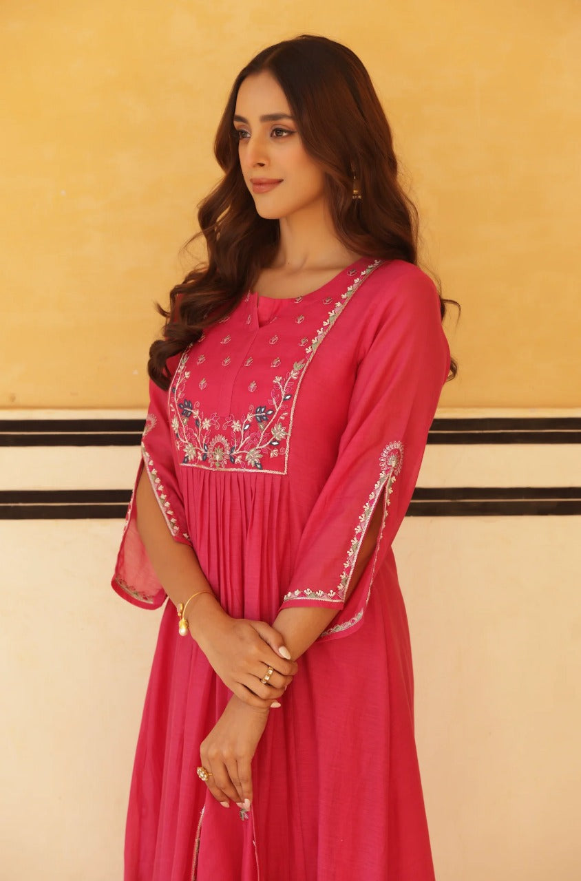 Elegant vibrant pink pure mul cotton flared kurta set, offering a breezy and comfortable fit.
