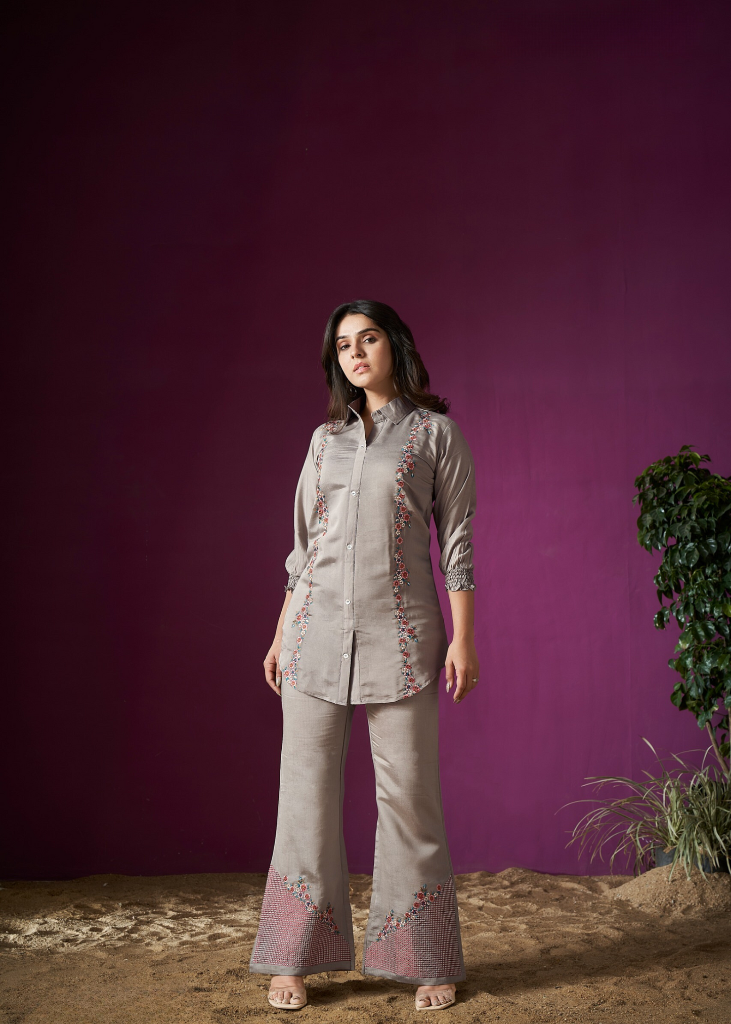 Elegant grey embroidered co-ord set for women, designed for a sophisticated and stylish look.