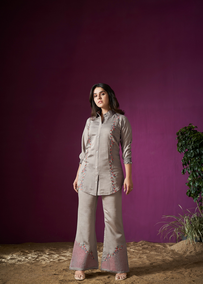 Elegant grey embroidered co-ord set for women, designed for a sophisticated and stylish look.