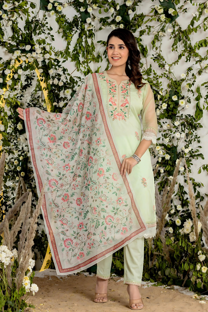 Chic and trendy green organza suit set with intricate detailing, offering a blend of elegance and comfort.