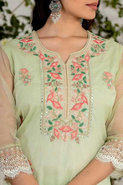 Premium green organza suit set designed with a modern touch, perfect for weddings and celebrations.