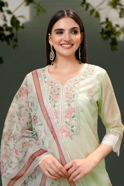 Graceful green organza suit set crafted for a breezy and luxurious feel, ideal for traditional wear.
