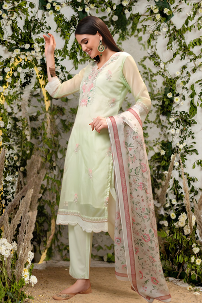 Elegant green organza suit set featuring a lightweight and flowy design for a sophisticated ethnic look.