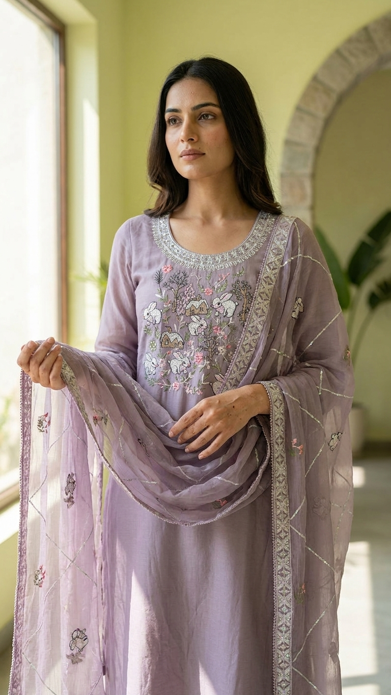 Premium Antique Mauve Suit with Whimsical Woodland Embroidery