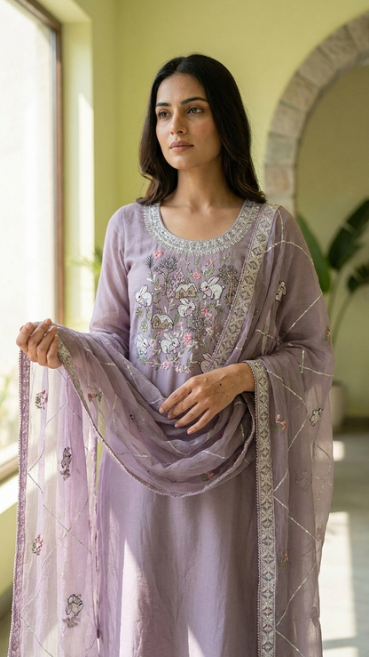Premium Antique Mauve Suit with Whimsical Woodland Embroidery