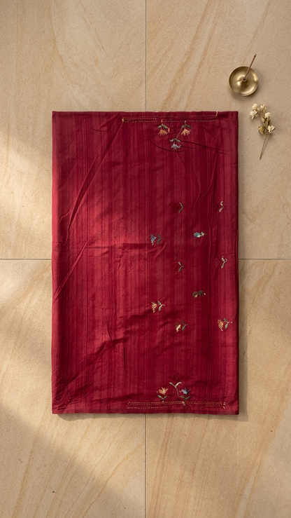 Cream Moonga Silk Saree with Multi-Color Floral Embroidery & Zari Border