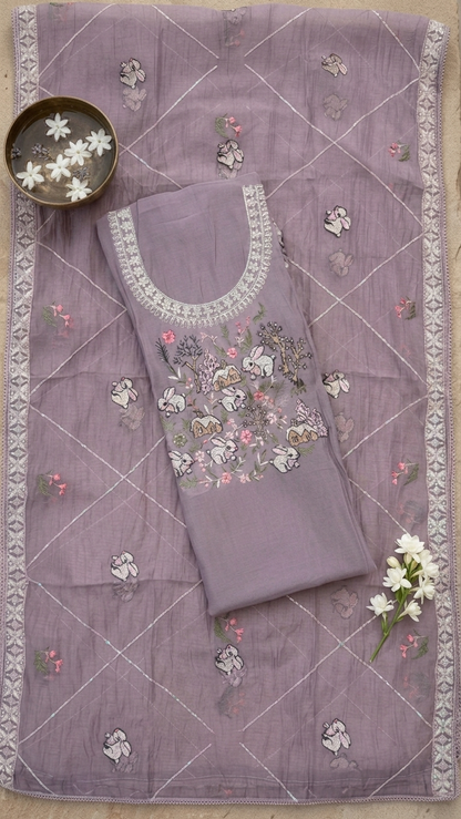 Premium Antique Mauve Suit with Whimsical Woodland Embroidery