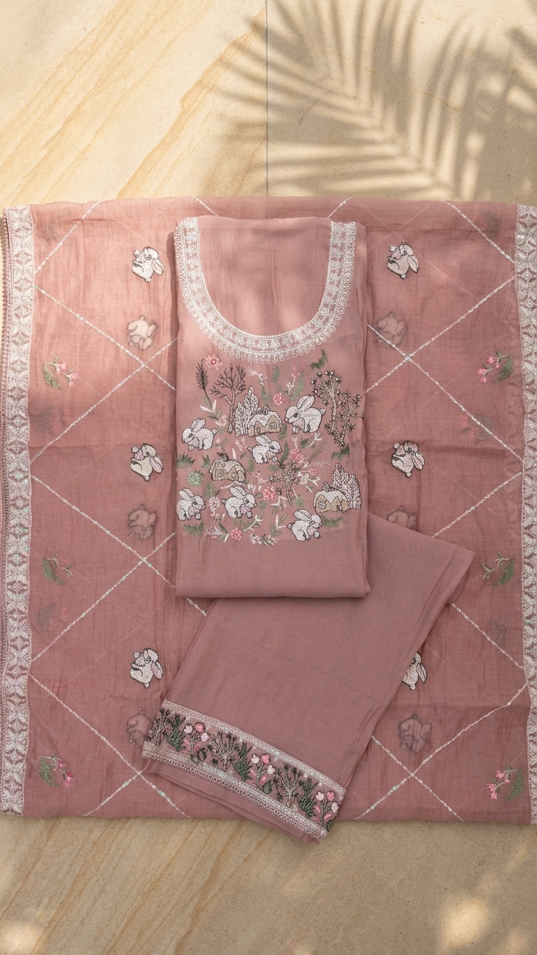 Premium Dusty Pink Suit with Whimsical Woodland Embroidery