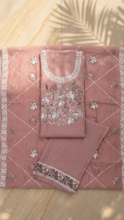 Premium Dusty Pink Suit with Whimsical Woodland Embroidery