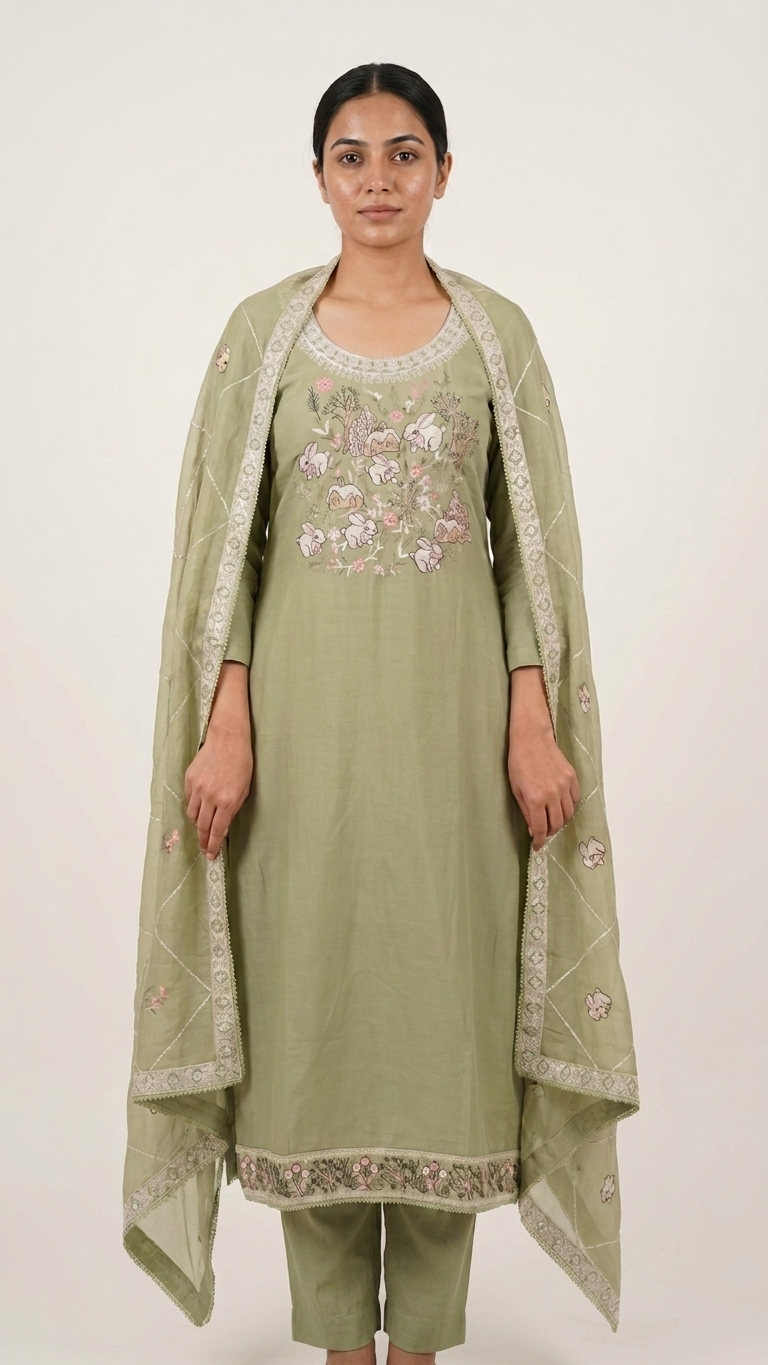 Premium Saga Green Suit with Whimsical Woodland Embroidery