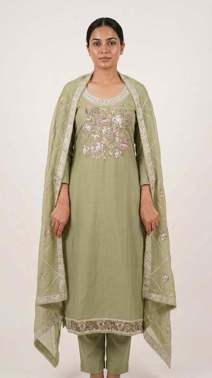 Premium Saga Green Suit with Whimsical Woodland Embroidery