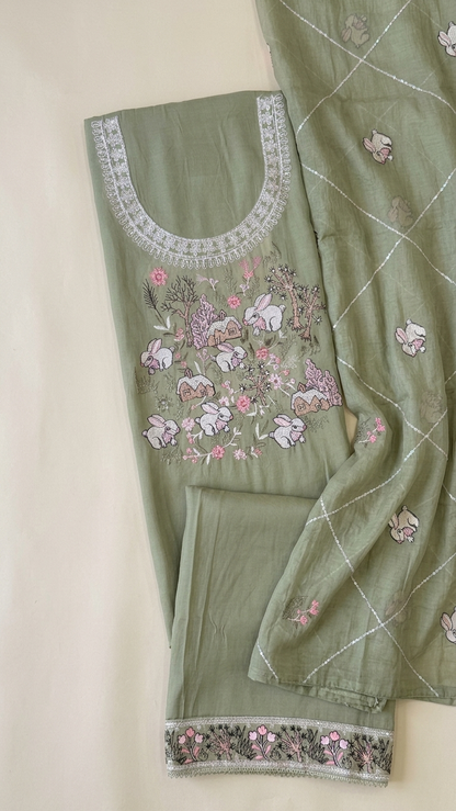 Premium Saga Green Suit with Whimsical Woodland Embroidery