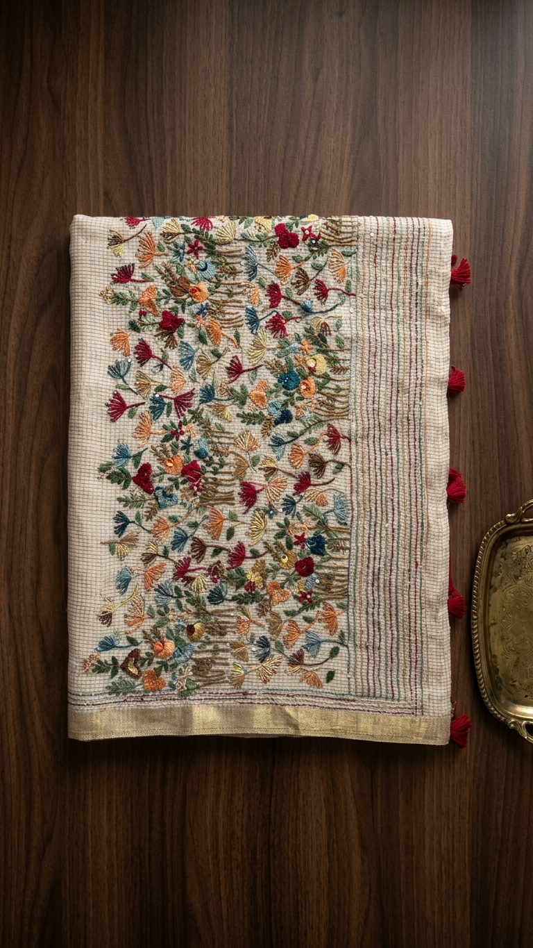Cream Moonga Silk Saree with Multi-Color Floral Embroidery & Zari Border
