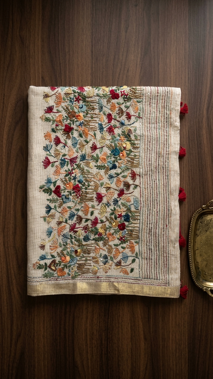 Cream Moonga Silk Saree with Multi-Color Floral Embroidery & Zari Border