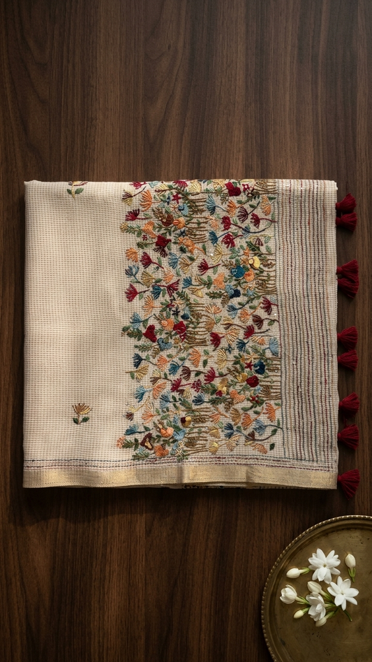 Cream Moonga Silk Saree with Multi-Color Floral Embroidery & Zari Border