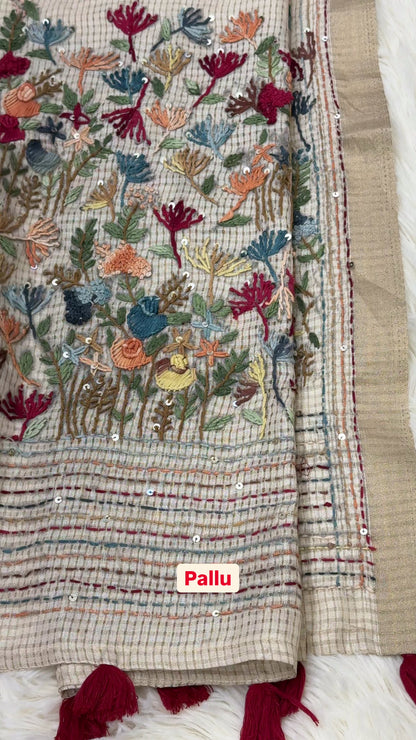 Cream Moonga Silk Saree with Multi-Color Floral Embroidery & Zari Border
